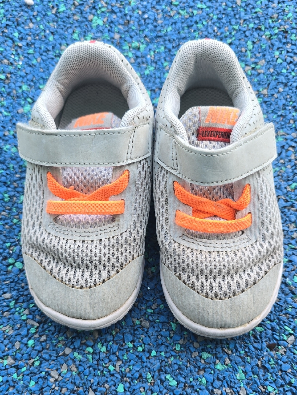 Nike Kids Light Gray Mesh Sneakers with Bright Orange Accents